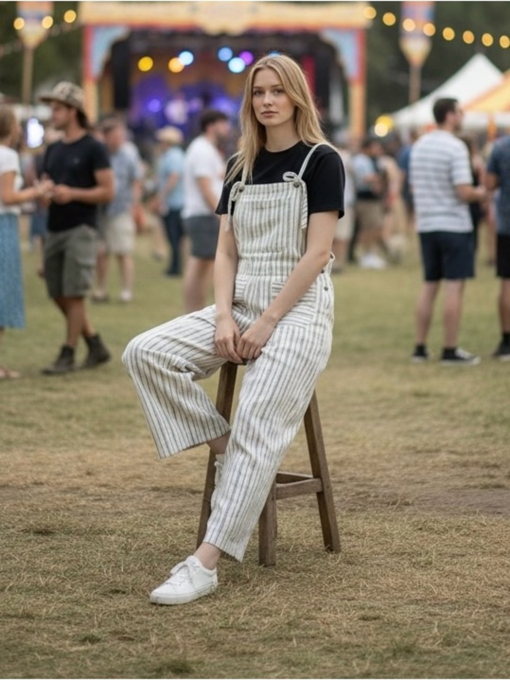 Patrons of Peace Striped Overalls in Cream & Black 100% Cotton